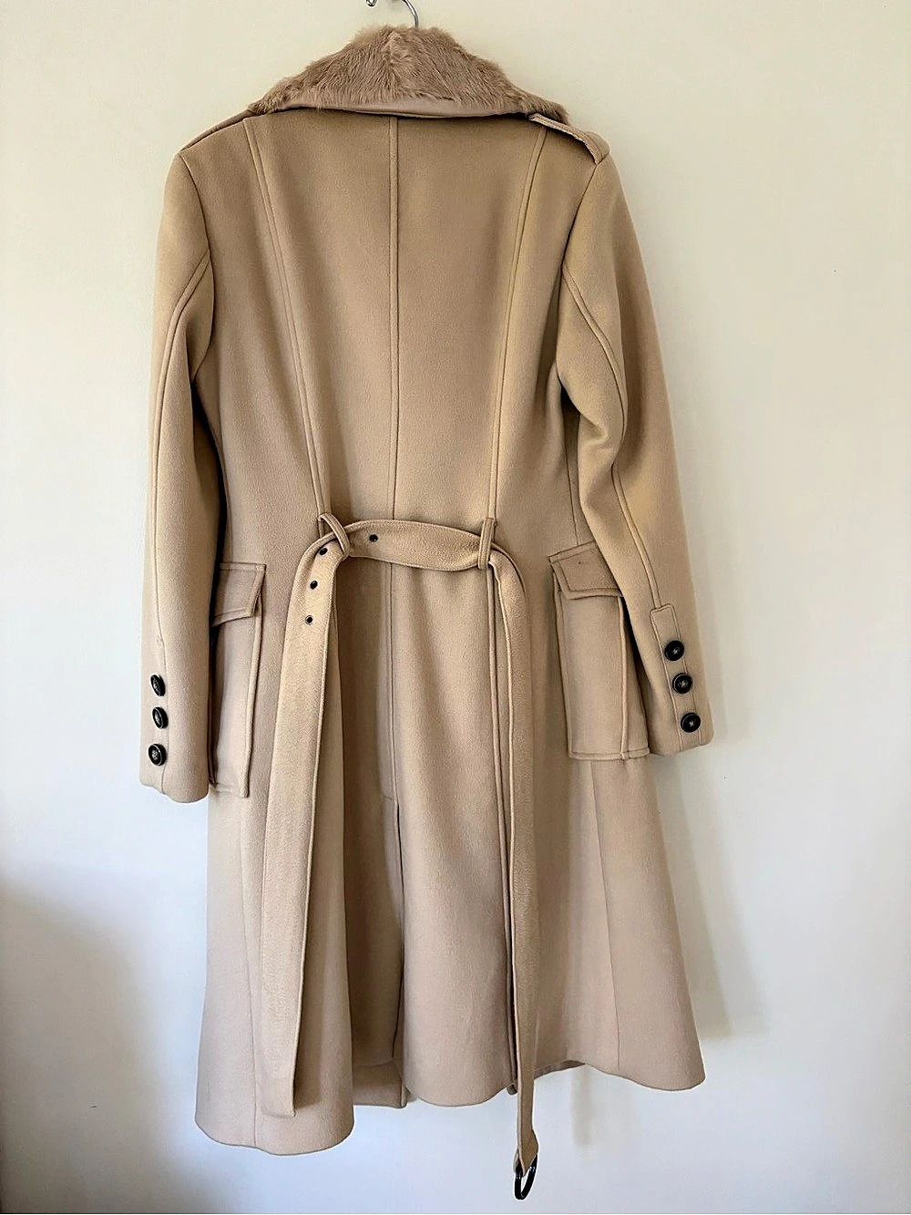 Vintage Bebe Beige Wool Trench Coat w/ 100% Rabbit Fur Collar Size Medium - Picture 6 of 9